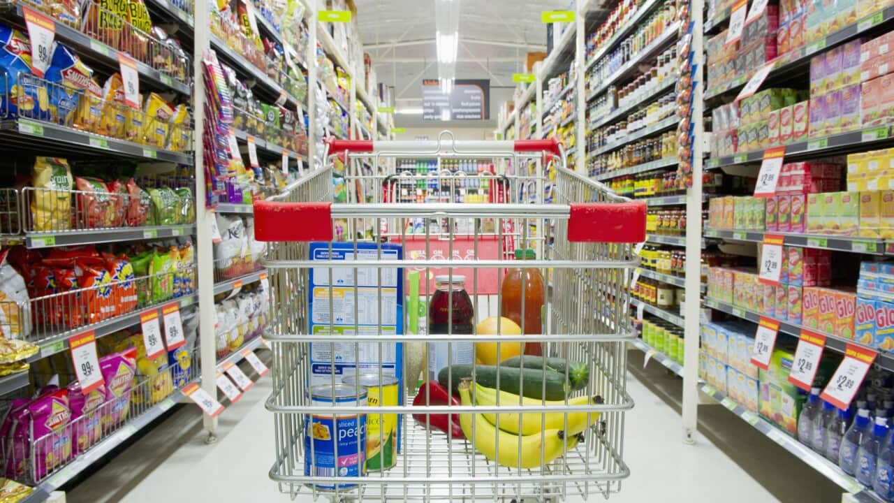 Shopping cart in grocery store aisle
