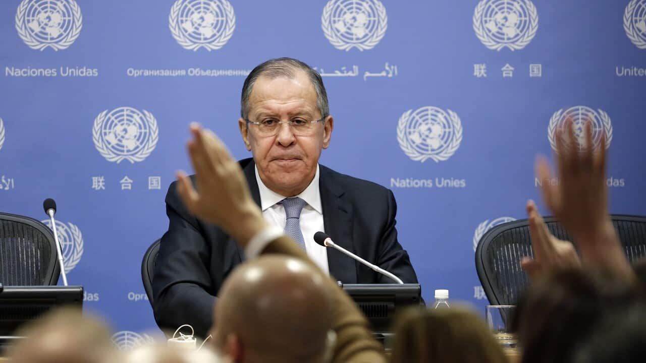 Russia's Foreign Minister Sergei Lavrov speaks during a news conference at United Nations headquarters, Friday, Jan. 19, 2018.