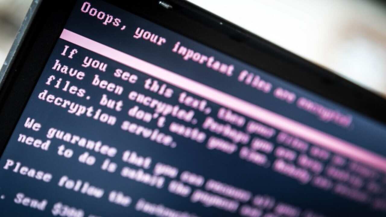 A laptop screen message after it was infected with ransomware in 2017 (AAP)