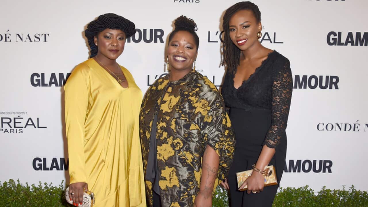 (L-R) Alicia Garza, Patrisse Cullors and Opal Tometi, co-founders of the Black Lives Matter movement. (Photo by Jordan Strauss/Invision/AP)