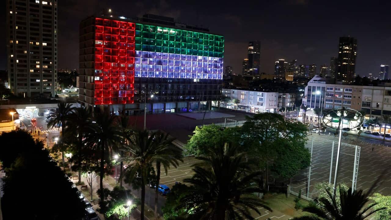 City hall in Tel Aviv, Israel, is lit up in the colours of the United Arab Emirates national flag