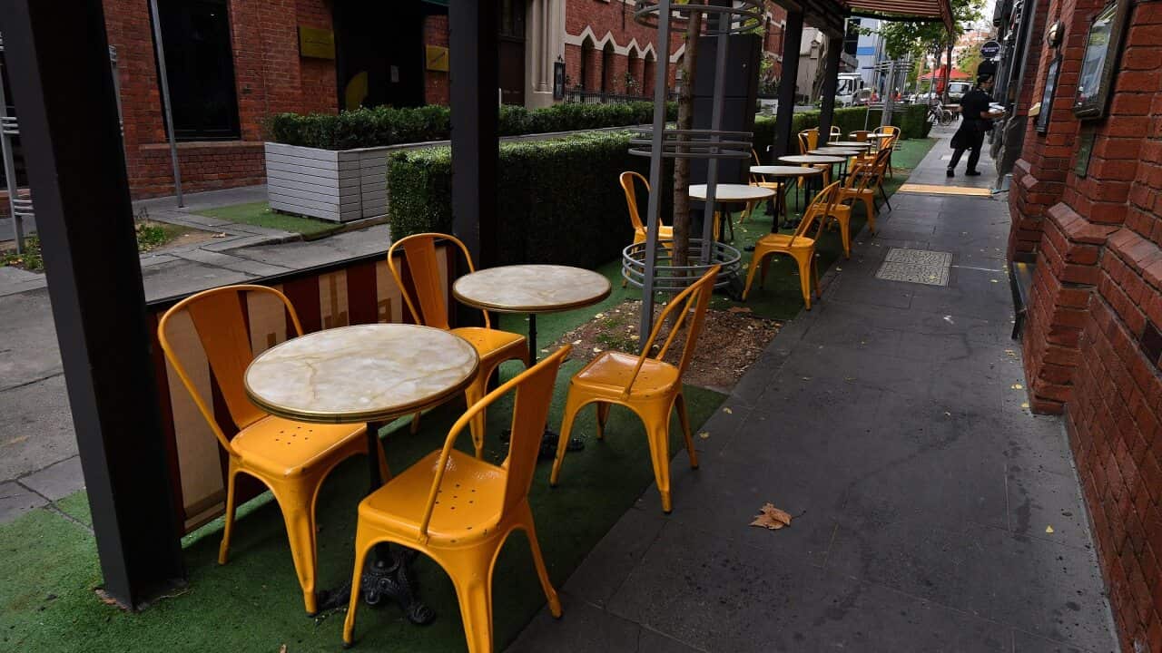 Empty seats at cafe in Melbourne on 27 May 2021. Victoria is undergoing its fourth lockdown in 15 months.
