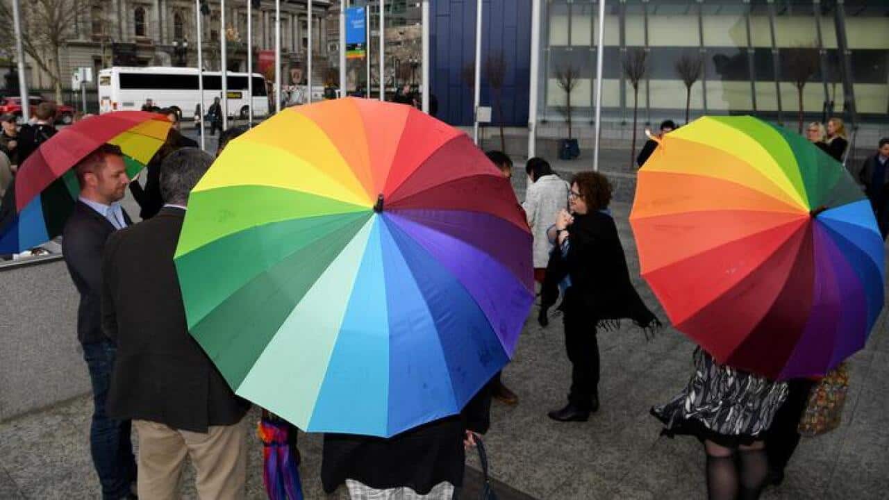 Same-sex marriage supporters outside the High Court in Melbourne (AAP)