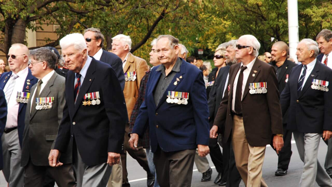Vietnam War veterans march during the ANZAC Day parade in Hobart