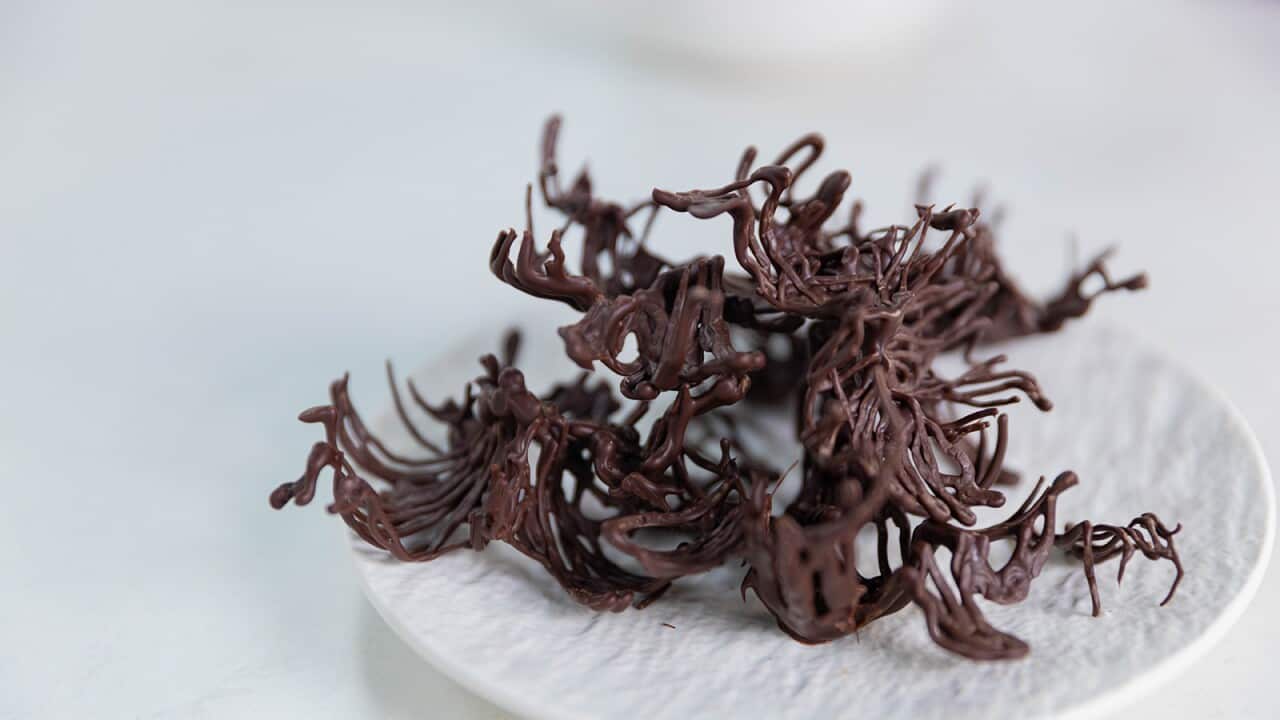 Squiggly chocolate shapes sit on a textured white plate.