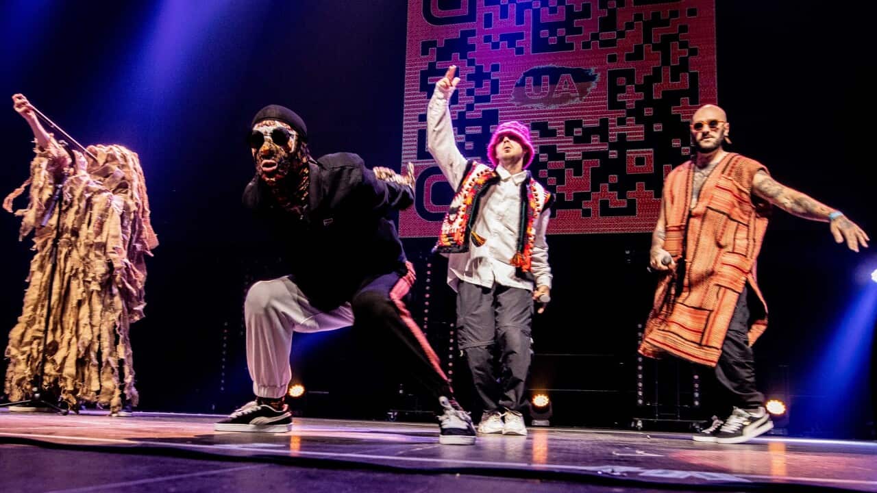 The Ukrainian band Kalush Orchestra perform during the Eurovision in Concert event