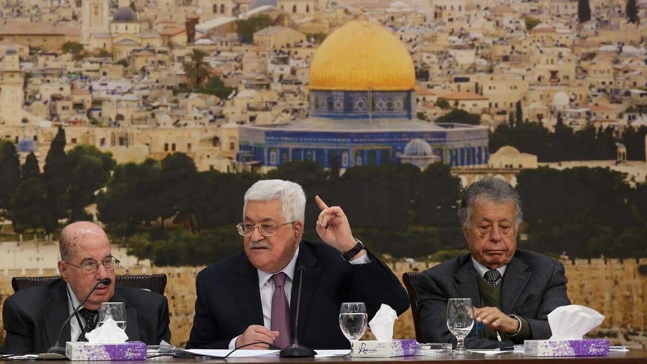 Palestinian President Mahmoud Abbas (C), attends a meeting of the Palestine Liberation Organization Central Council, in Ramallah, 14 January 2018.