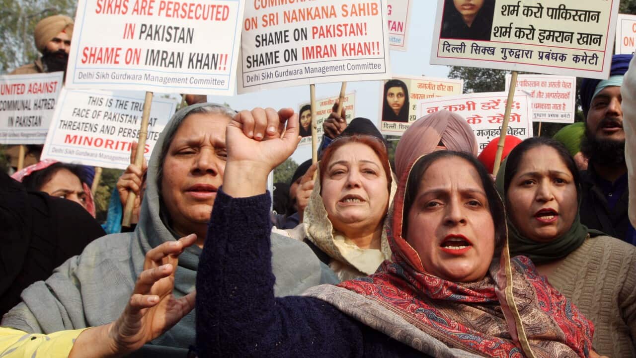 Delhi Sikh Gurdwara Management Committee members stage a protest against alleged abduction of the Sikh girl Jagjeet Kaur and her forcible conversion to Islam.