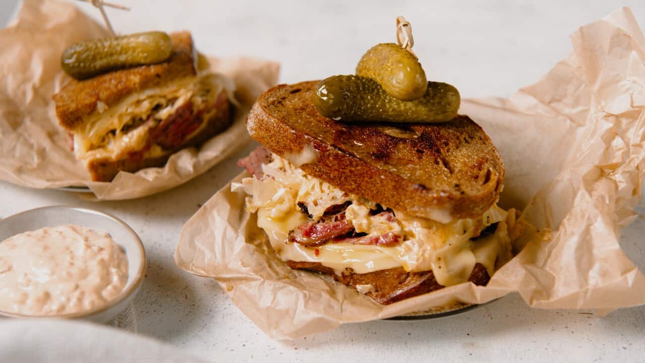 One pan reuben with sauerkraut and dressing