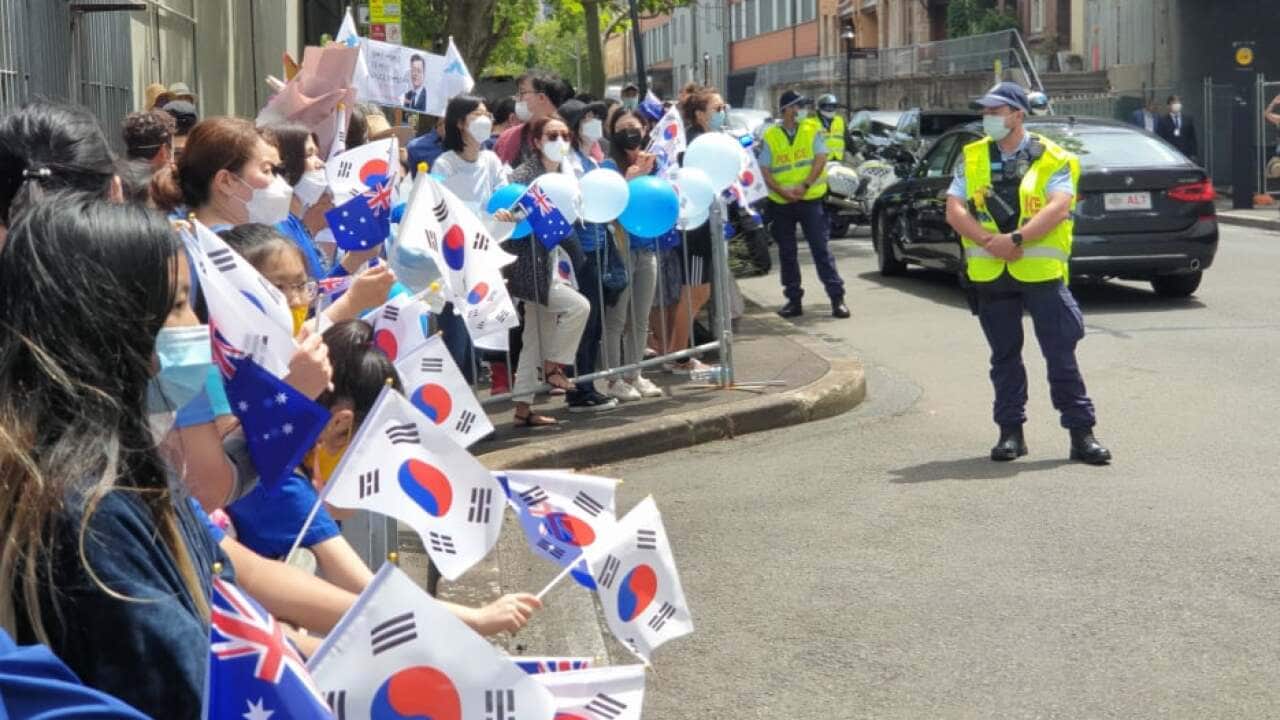 시드니에 도착한 문재인 대통령을 환영하는 호주 한인 동포들