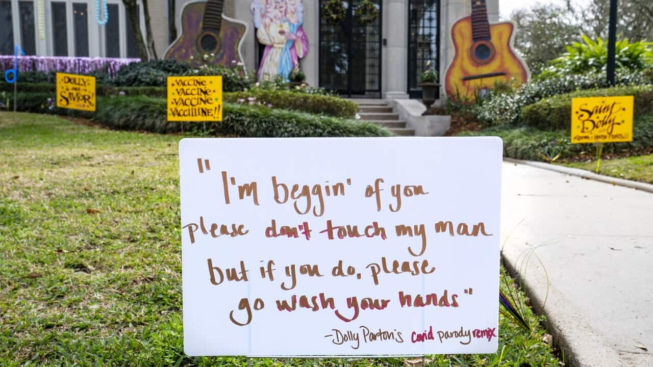 A house is decorated in honor of Dolly Parton in New Orleans