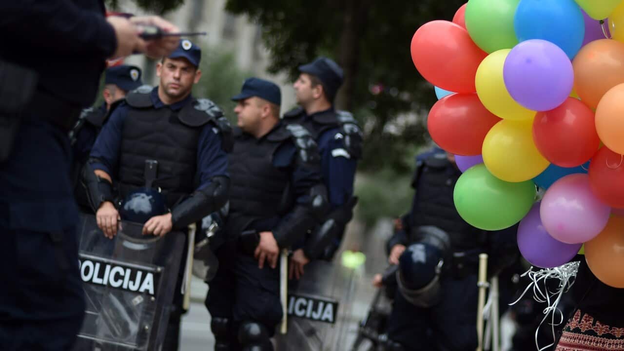 Police officers at a gay pride parade in Belgrade