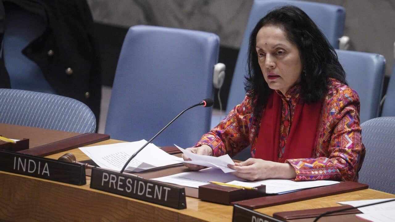 India's Ambassador to the United Nations Ruchira Kamboj, current president of the U.N. Security Council, address the council after a report on the humanitarian impact of Russia's war in Ukraine, Tuesday Dec. 6, 2022 at U.N. headquarters.