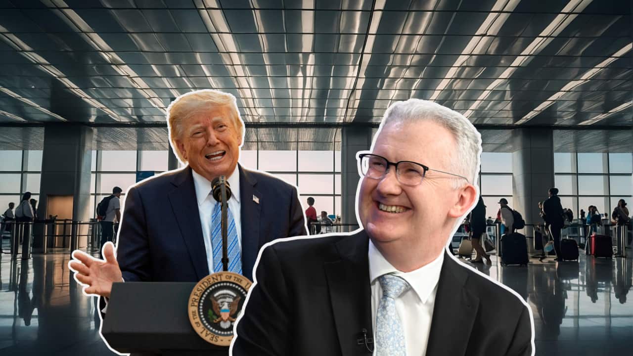 Composite image of US President Donald Trump and Australian Home Affairs and Citizenship Minister Tony Burke, in front of an airport terminal, with travellers and luggage visible in the background.