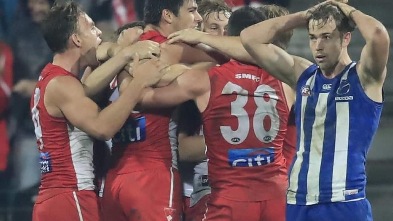 Sydney Swans players celebrating.