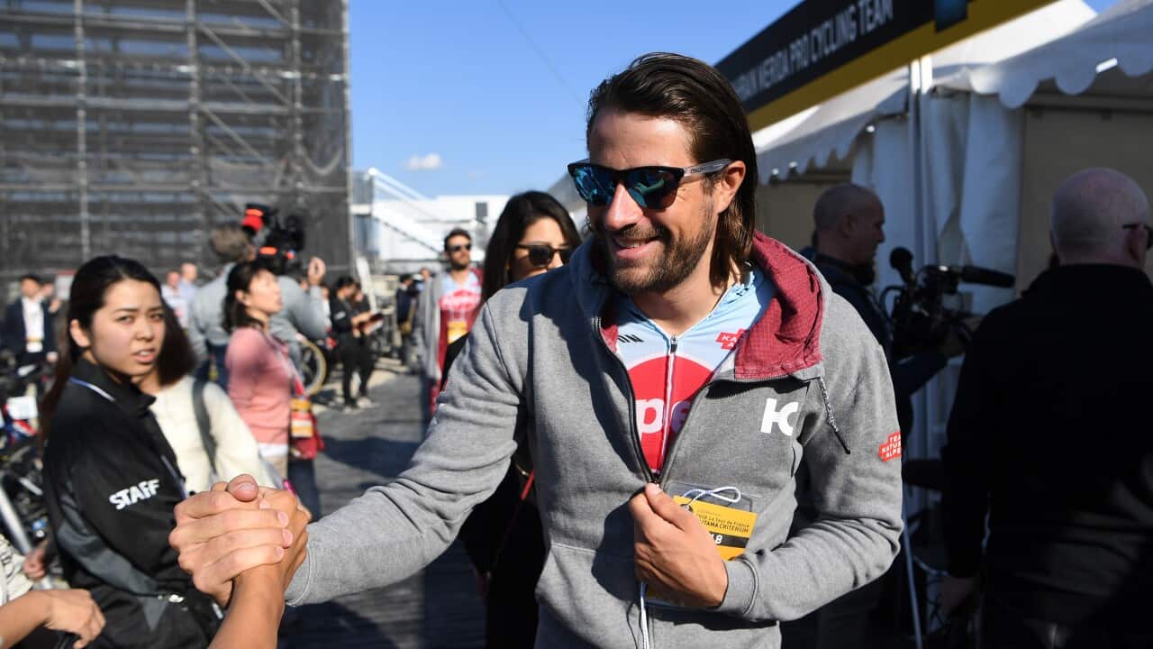Picture of Marco Haller of Team Katusha-Alpecin greeting fans at the 6th Tour de France Saitama Criterium 2018
