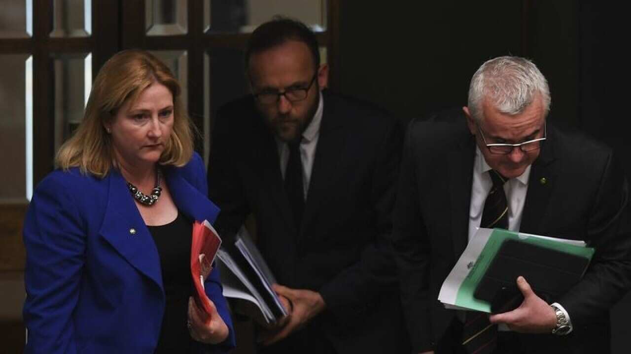 Crossbenchers Rebekha Sharkie, Adam Bandt and Andrew Wilkie.