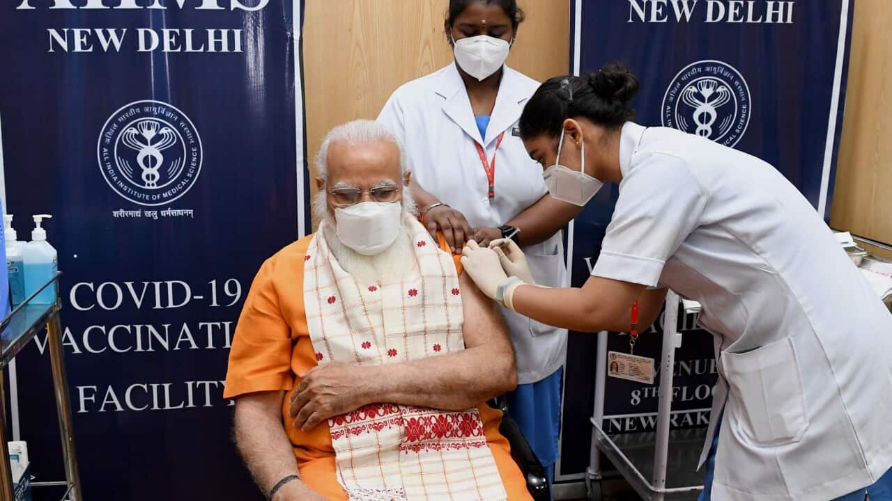 Indian Prime Minister, Shri Narendra Modi receives his second dose of the Covaxin Covid-19 vaccine, at AIIMS Hospital, New Delhi on 8 April 2021.
