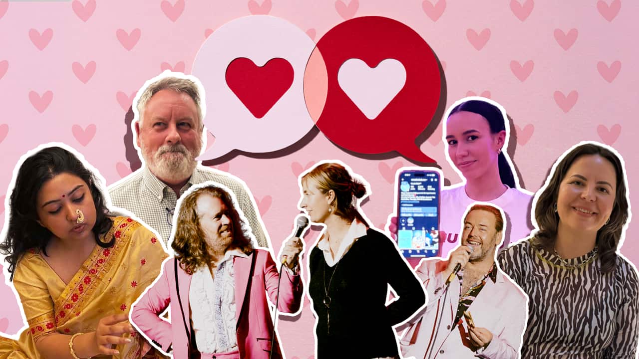A collage of different people leaning away from dating apps. They're against a pink background and red and pink hearts.