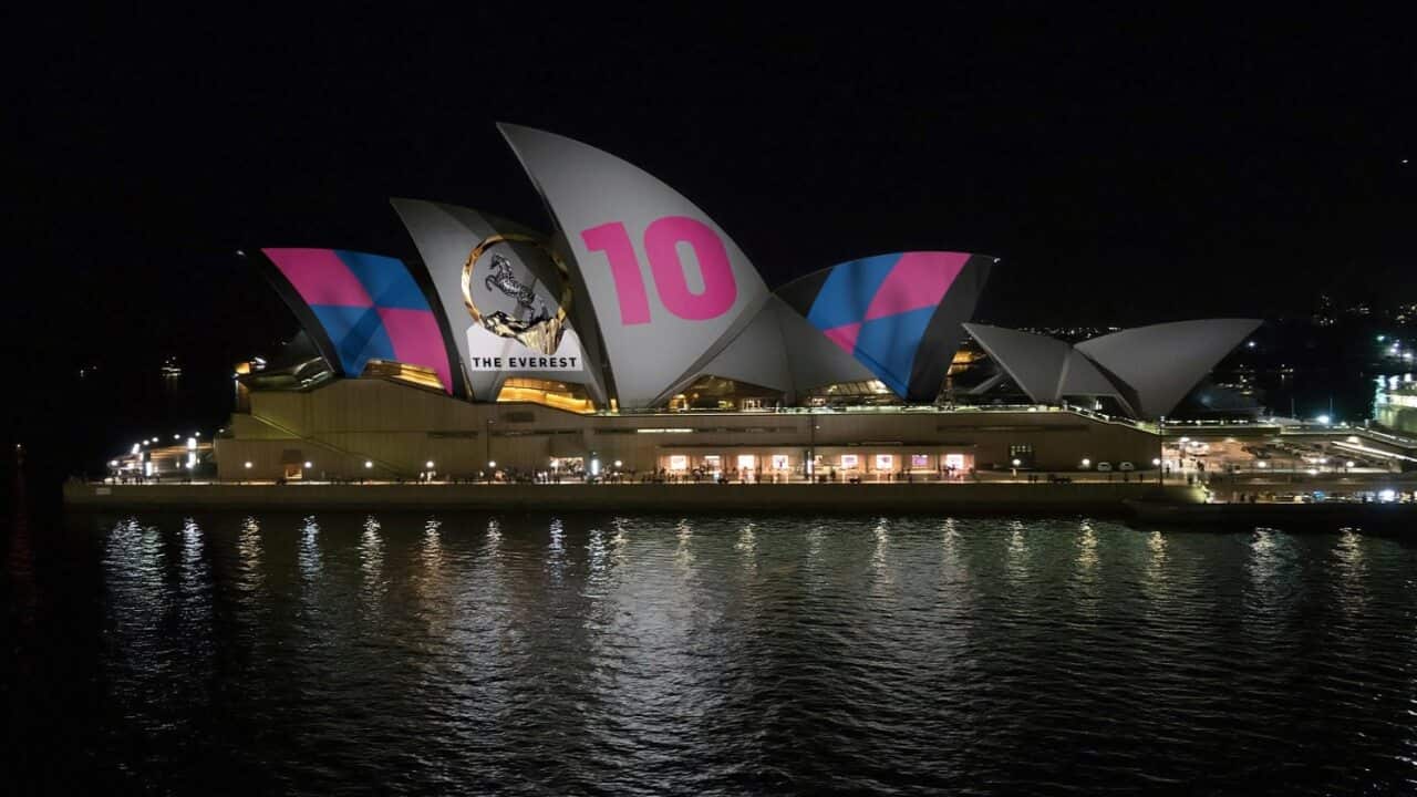 This image provided by Racing NSW shows an artist's impression of how horse race advertising will look on the Sydney Opera House.