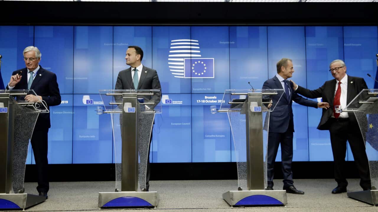 EU Brexit negotiator Michel Barnier, Irish PM Leo Varadkar, European Council President Donald Tusk and European Commission President Jean-Claude Juncker.