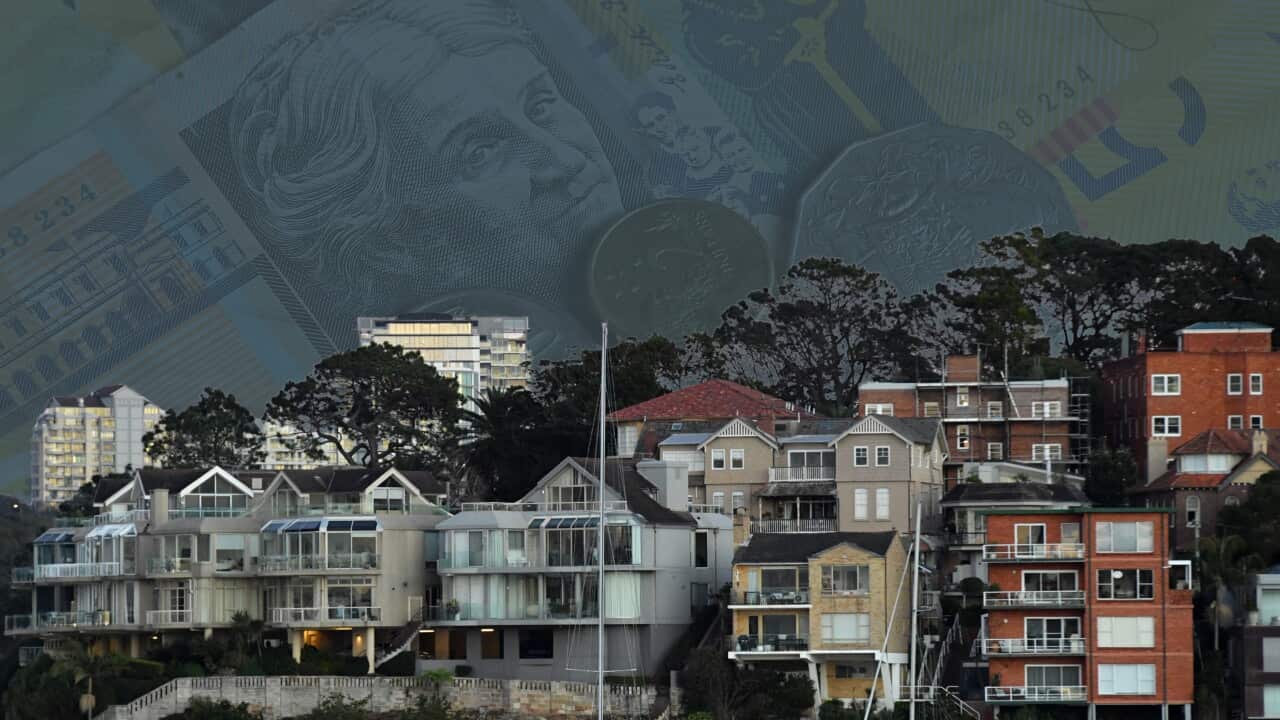 A graphic of Australian banknotes and coins faded behind a photo of seaside houses.