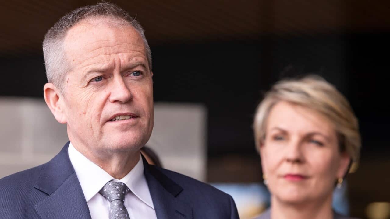 Leader of the Opposition Bill Shorten (left) speaks to the media as Deputy Leader of the Opposition Tanya Plibersek 
