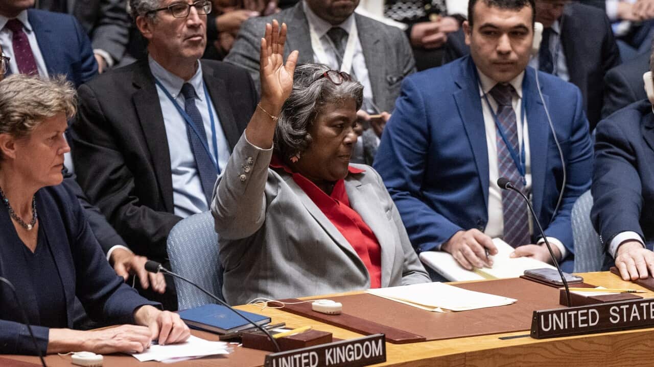 Ambassador Linda Thomas-Greenfield of the US votes as abstain during Security Council meeting and voting on resolution on Israel and Gaza conflict