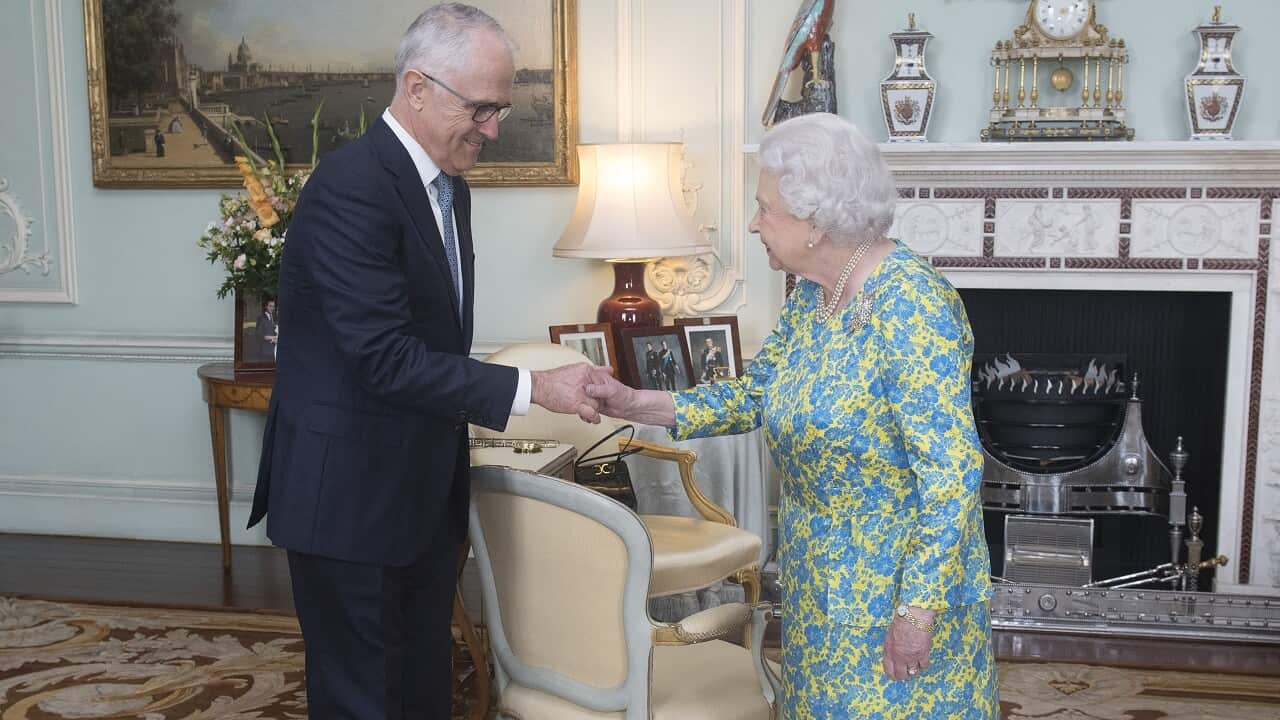 PM Malcolm Turnbull meets Queen Elizabeth II during an audience at Buckingham Palace in London