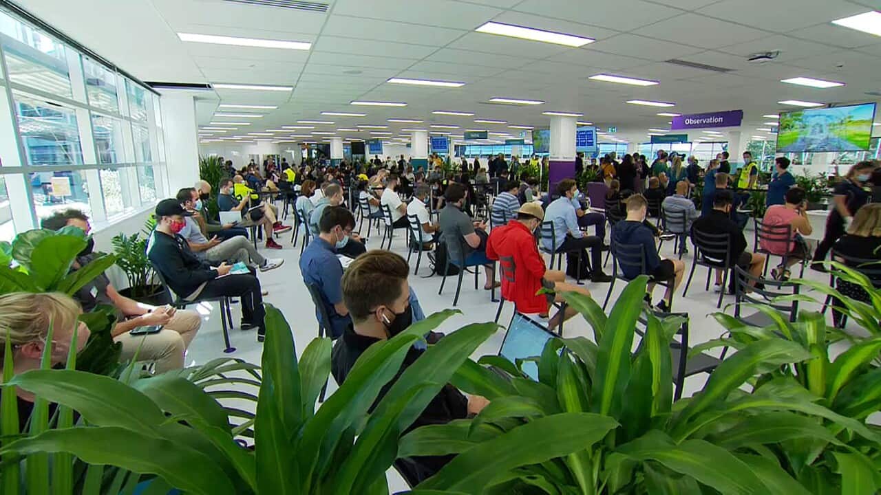 People waiting at the new Sydney mass vaccination hub