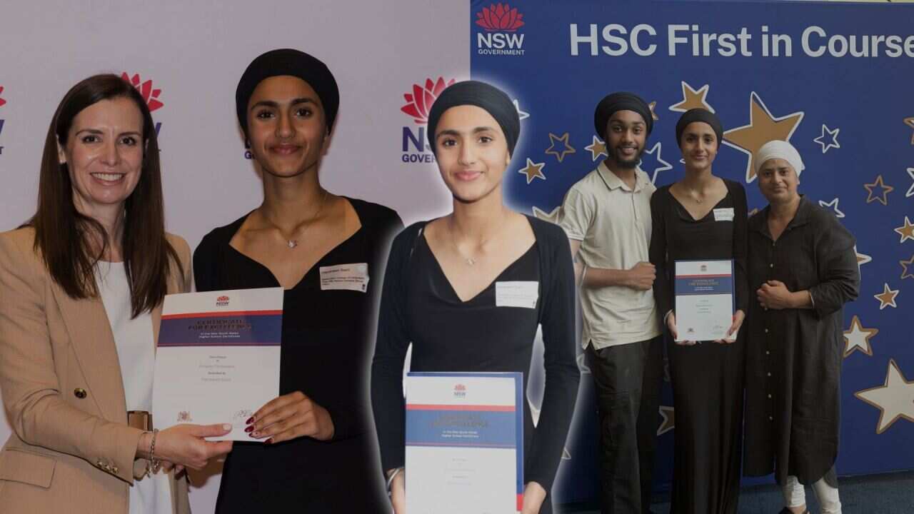 A collage of three images showing a young woman holding a certificate, including one photo where she stands with a NSW Government backdrop with an official, and one standing with her family.