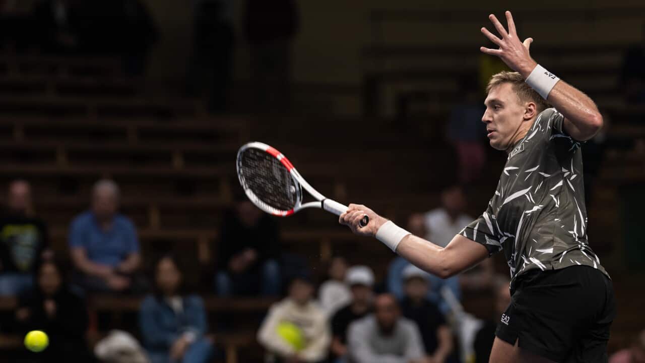 Hamad Medjedovic of Serbia returns a ball during his match at the ATP 250 Nordic Open on October 13, 2024 in Stockholm