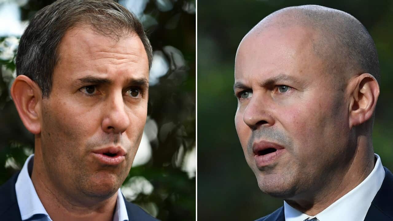 A combined image shows (left) Shadow Treasurer Jim Chalmers in Brisbane on Monday, April 18, 2022 and (right) Treasurer Josh Frydenberg in Melbourne on Tuesday, May 3, 2022. (AAP Image/Lukas Coch, Joel Carrett) NO ARCHIVING