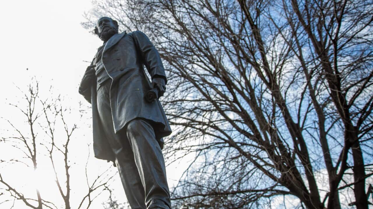 The statue of former Tasmanian premier William Crowther at Franklin Square in Hobart