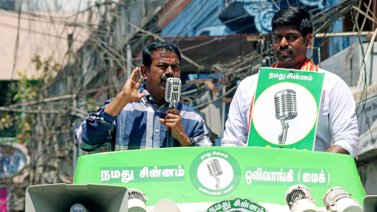 Seeman speaks during a campaign for party south Chennai Lok Sabha candidate Karthikeyan