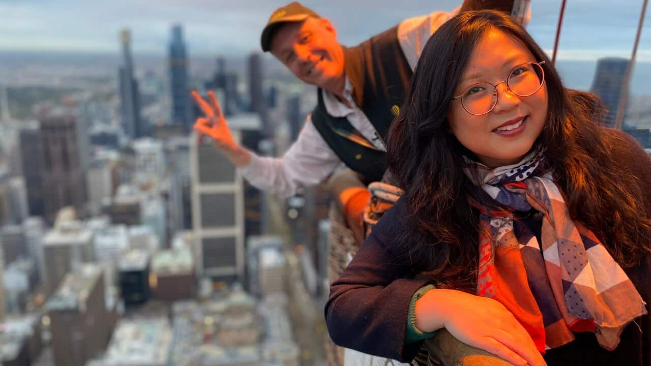 Balloonist Kiff Saunders (left) told Jennifer Wong (right) how a trip to China changed his life.