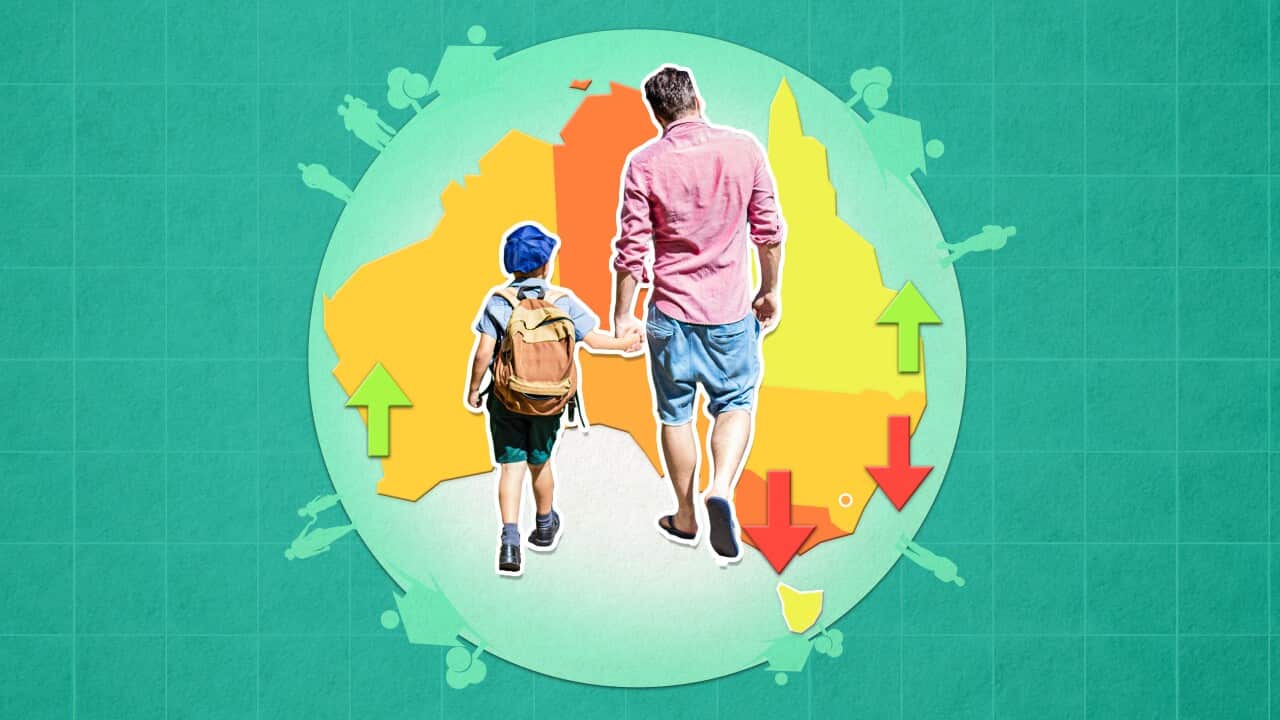 An illustration featuring a map of Australia, and a father and son walking