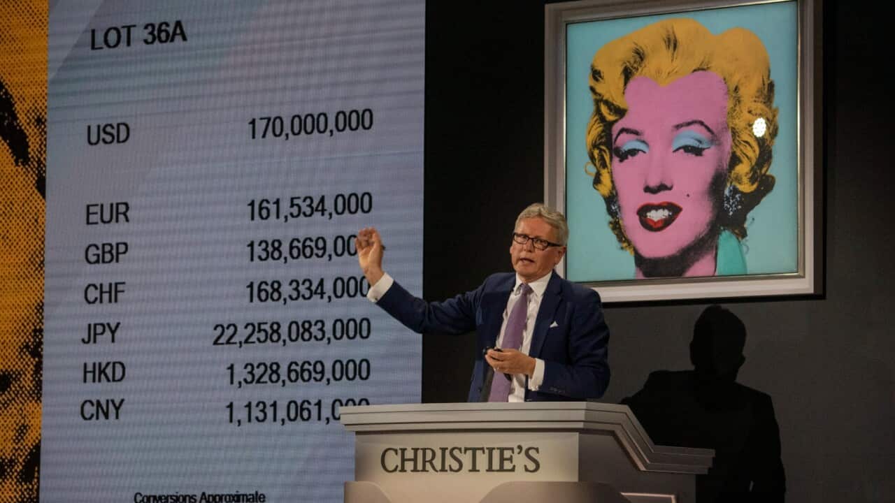 Christie's auctioneer ends the auction of 'Shot Sage Blue Marilyn' by Andy Warhol for $170 million dollars.