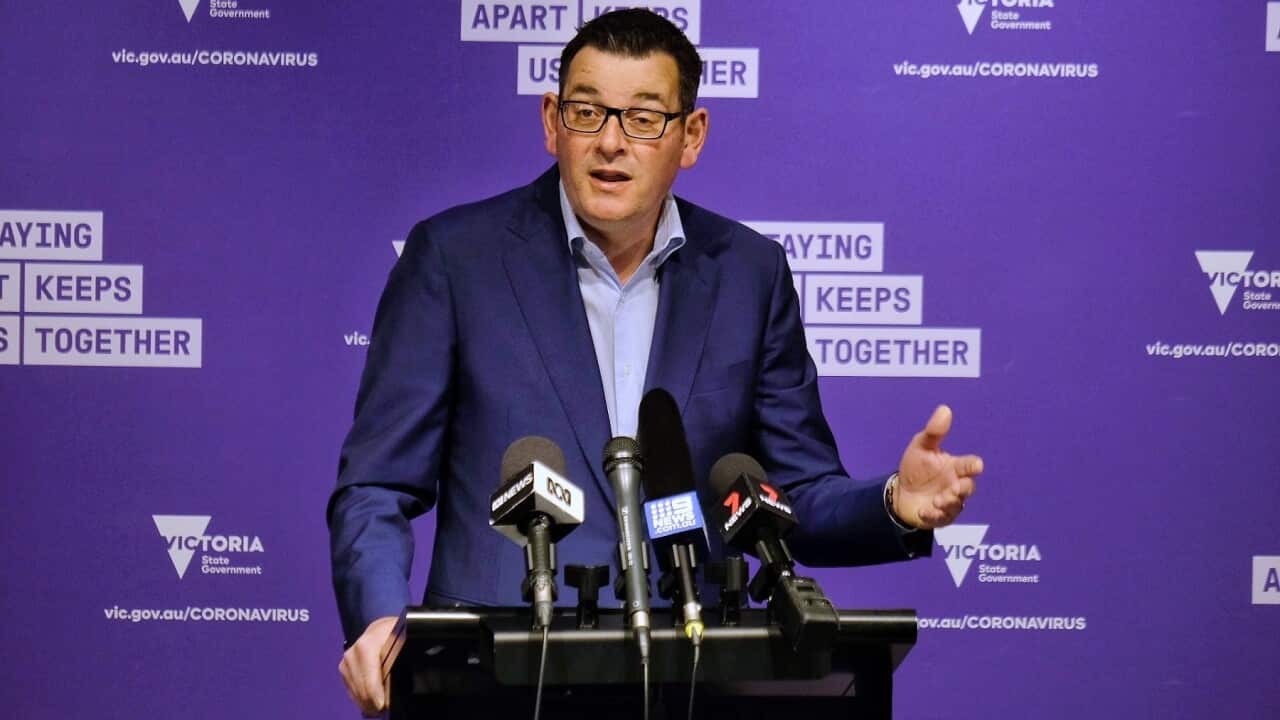 Victorian Premier Daniel speaks to the media during a press conference at Treasury Theatre in Melbourne, Saturday, June 20, 2020