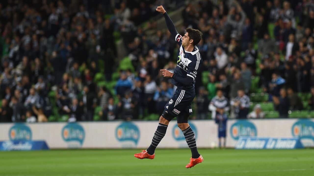 Melbourne Victory's Gui Finkler celebrates scoring his side's opener against Central Coast (AAP)