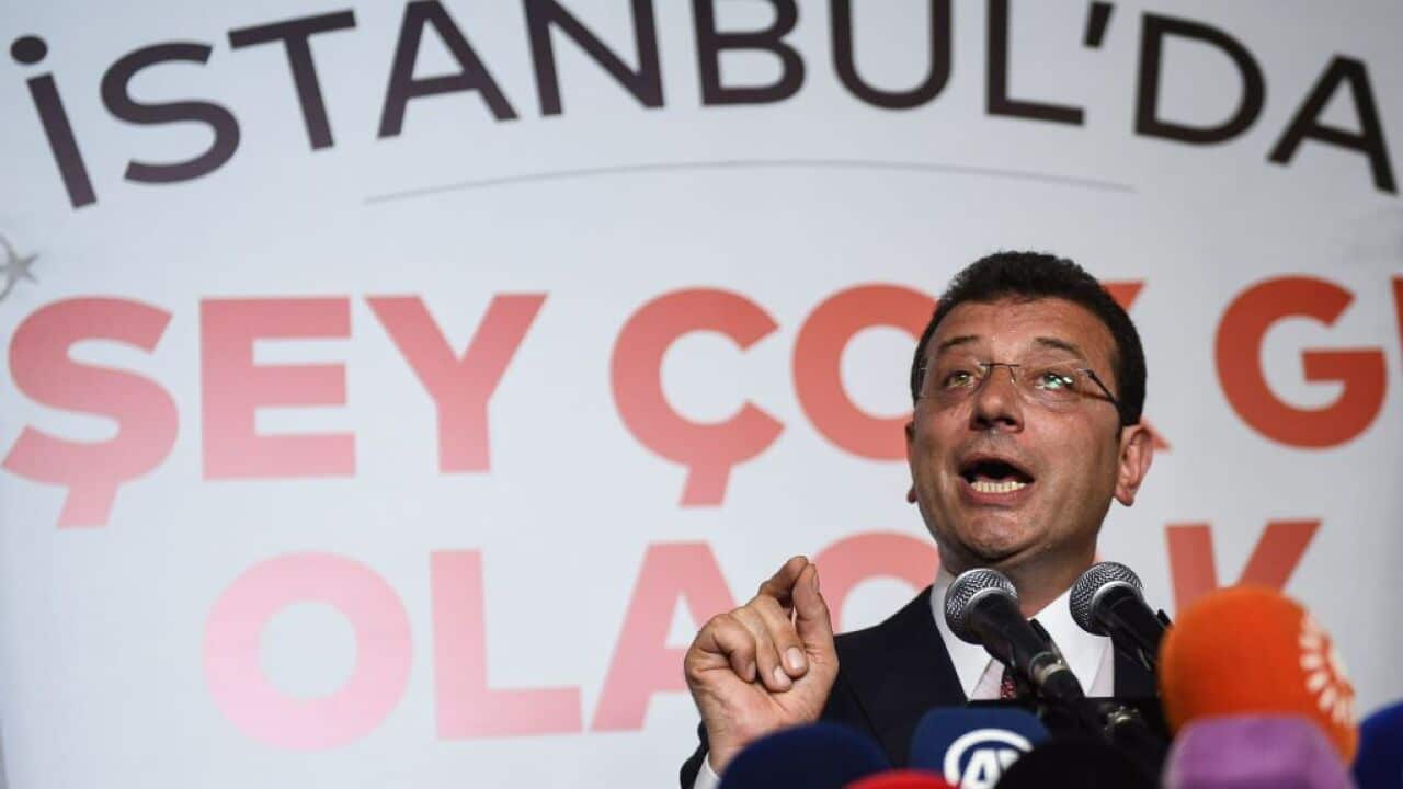 Ekrem Imamoglu, candidate of the secular opposition Republican People's Party (CHP), makes his victory statement