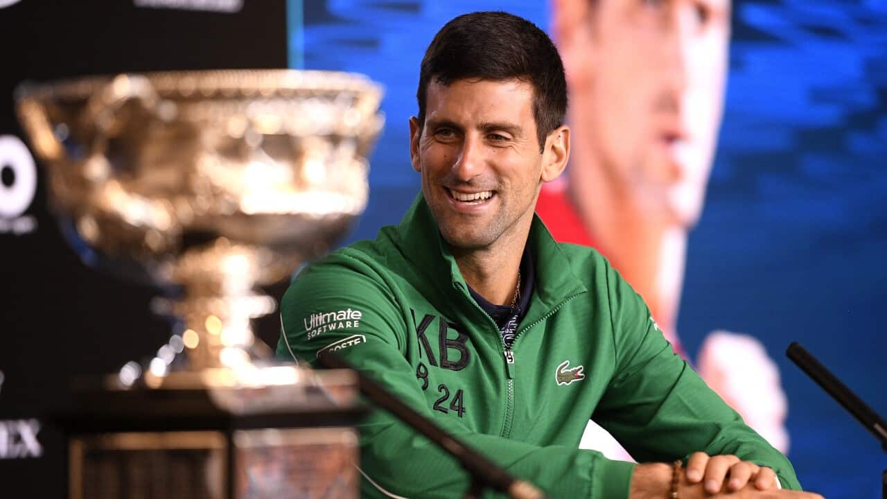 Serbia's Novak Djokovic after defeating Austria's Dominic Thiem to win the mens singles final at the Australian Open tennis championship in Melbourne.