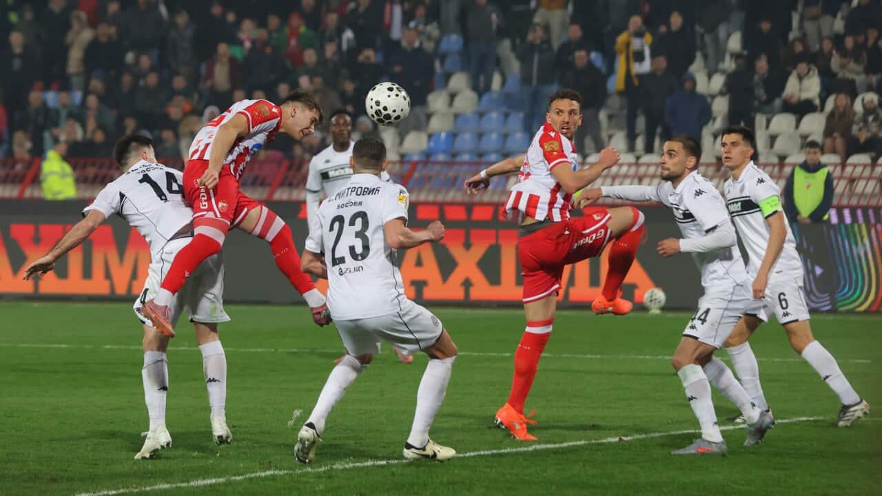 Crvena zvezda's Vasilije Kostov (C) scores the 1-0 goal during the Serbian SuperLiga soccer match between Crvena zvezda and Partizan in Belgrade, 22 February 2026.