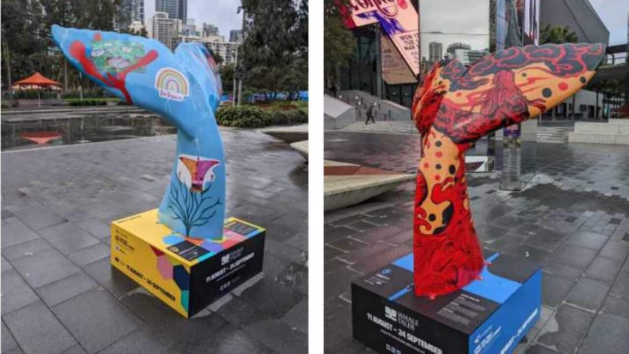 Whale Tale Waterfront Whale Tales is an outdoor art exhibition of 30 two-metre-high whale tail sculptures at Sydney Harbour