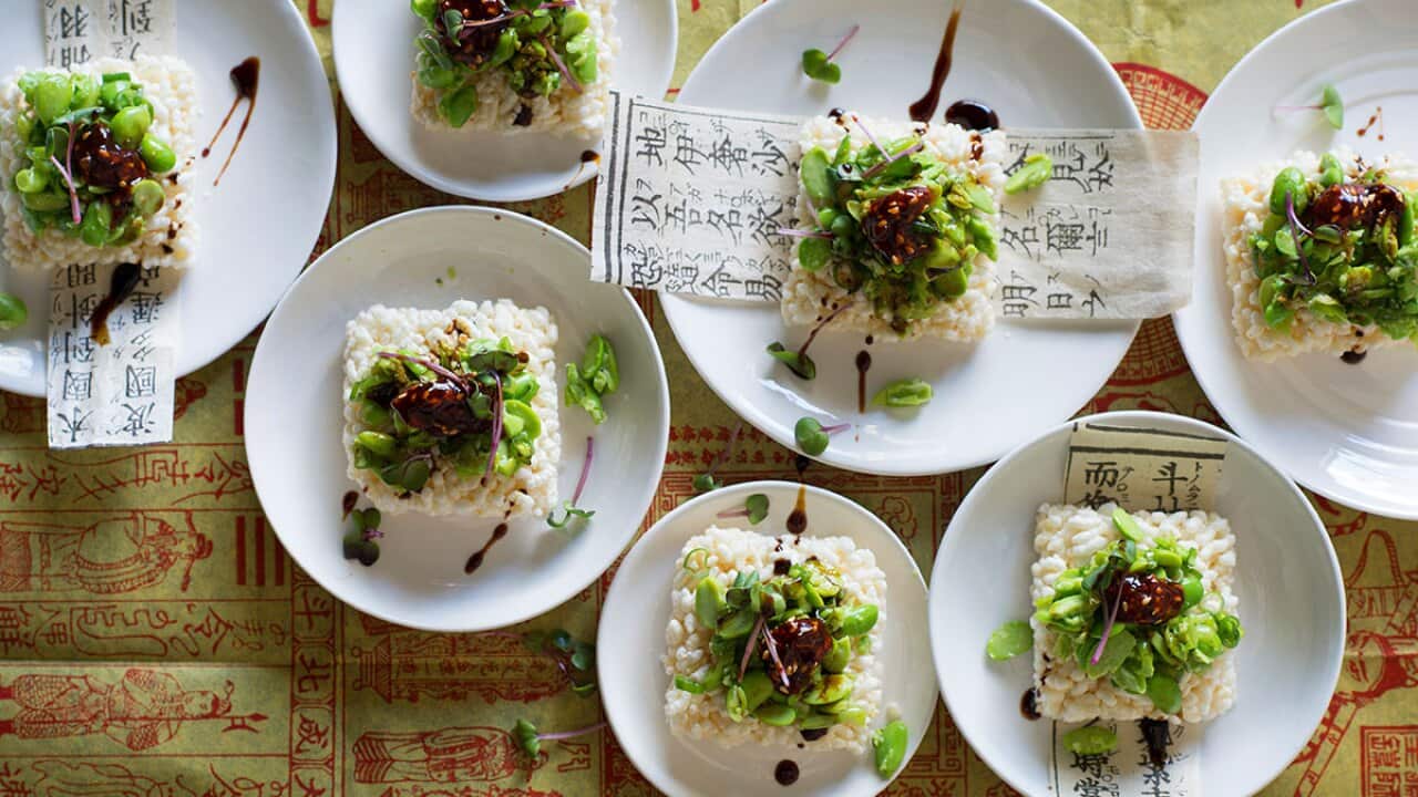 Puffed rice crackers with edamame salsa, ssamjang and sticky soy