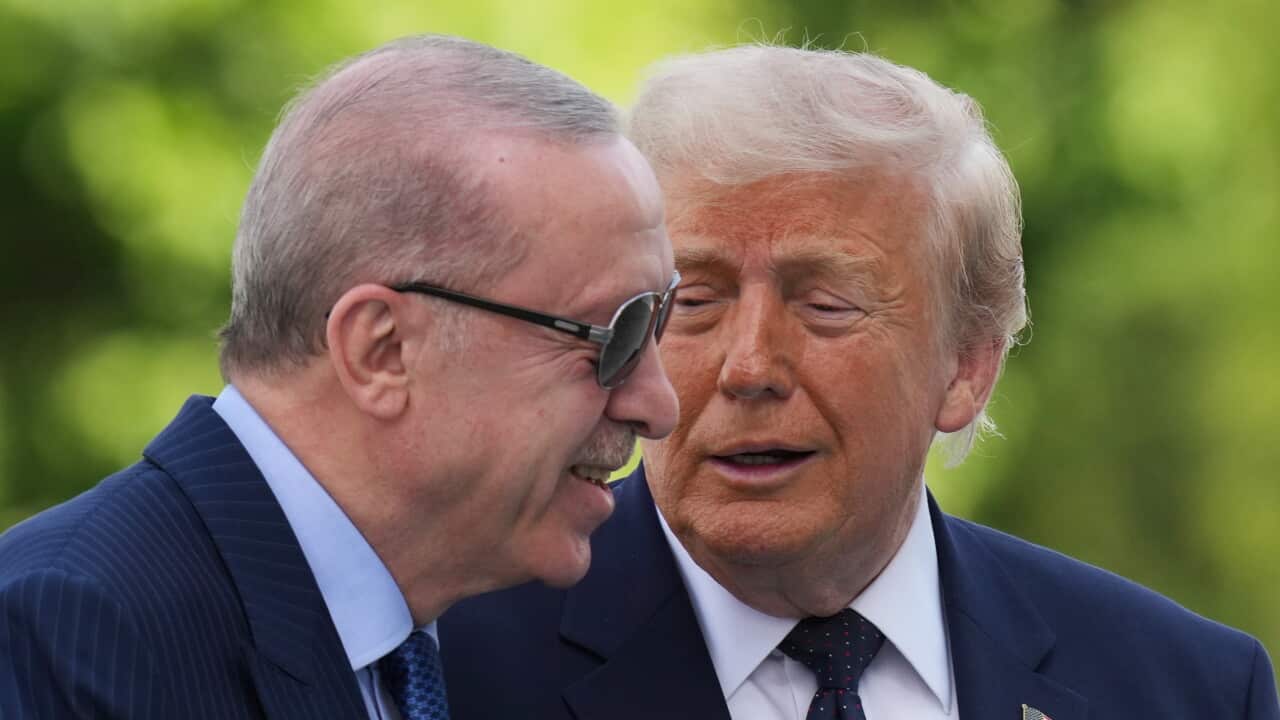 President Donald Trump, right, speaks with Turkish President Recep Tayyip Erdogan at the Bestepe Presidential Palace during a formal welcome for the NATO summit in Ankara, Turkey, Tuesday, July 7, 2026.