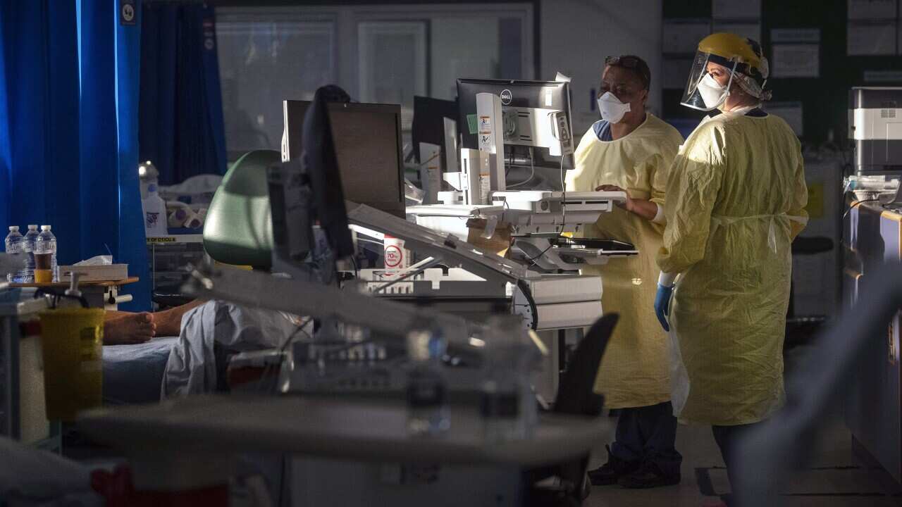 Nurses working in the Intensive Care Unit (ICU) in St George's Hospital in Tooting, south-west London.