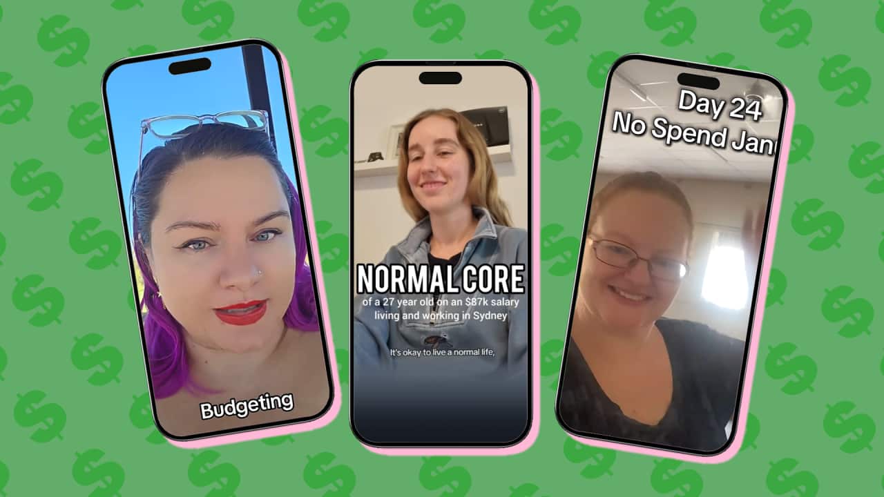 The background is green with dollar signs. Overlayed are three screenshots of influencers, each in a smartphone-shaped frame with a pink shadow. On the left is a woman with red lipstick and purple hair. text below her reads 'budgeting'. In the middle is a blonde woman smiling with text which reads 'Normal Core'. On the right is a smiling redhead with text above her reading 'Day 24: No Spend Jan'.