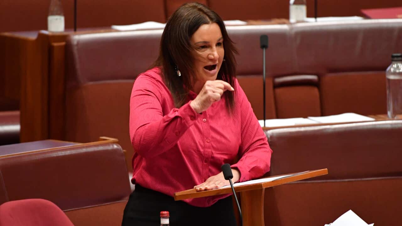 Independent Senator Jacqui Lambie speaks against One Nation leader Senator Pauline Hansons vaccine discrimination bill in the Senate.