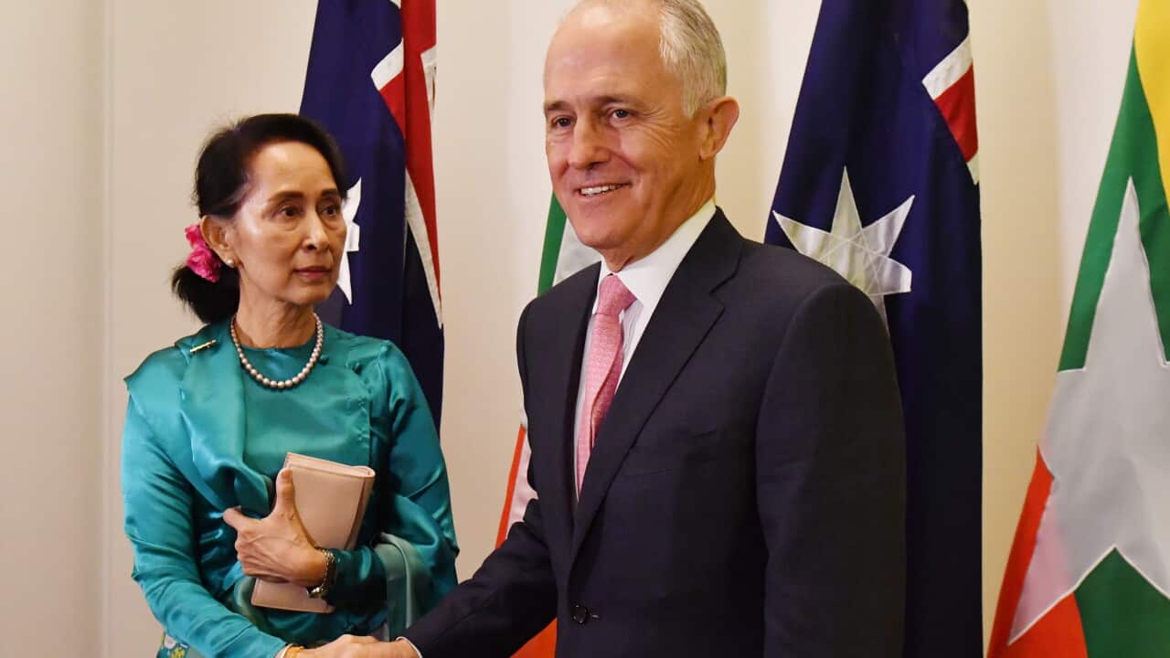 Aung San Suu Kyi and Prime Minister Malcolm Turnbull at Parliament House.